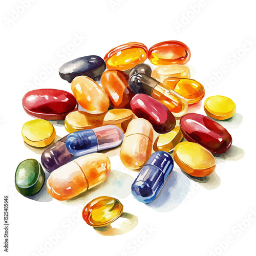 watercolor vector of Vitamin Supplements, high quality, isolated on a white background.