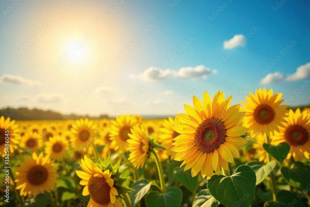 Fototapeta premium A vibrant sun shines on a field of blooming sunflowers, representing joy and the simple pleasures of nature Perfect for themes of optimism, well-being, and positive energy , sunny day, serenity, life