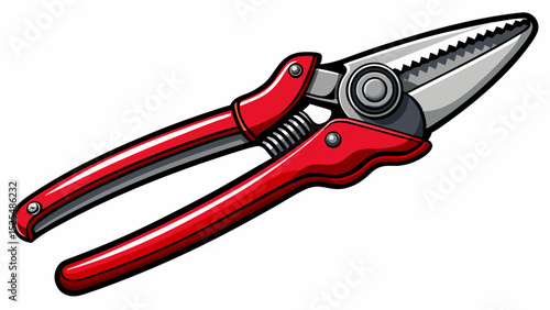 Bright red pruning shears with sharp stainless steel blades. Shown partially open on white, emphasizing the ergonomic grip and clean edge for professional gardening vector illustrations.