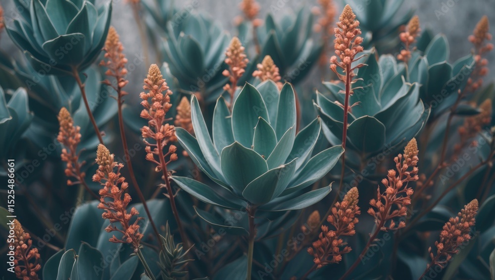 Fototapeta premium Succulent plants with pinkish-orange flowers. The plant has thick, fleshy leaves arranged in rosettes. Bright, vibrant natural foliage.