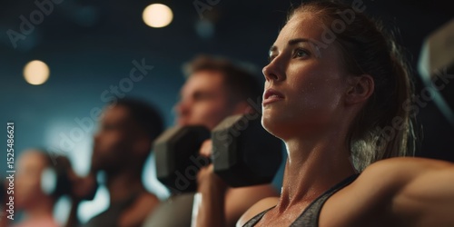Group of Fit People Lifting Dumbbells During Gym Exercise Class