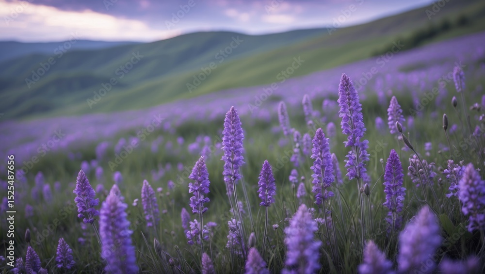 Obraz premium Lavender field with purple flowers in a rolling green landscape at sunset.