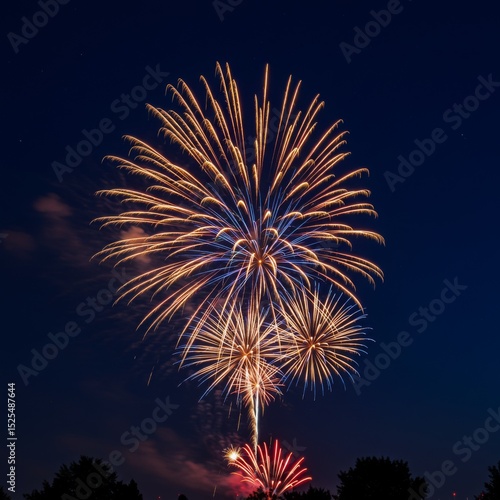 Night Fireworks Display with Gold Red and Blue Bursts