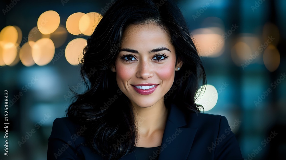 Obraz premium Young Asian businesswoman with confident smile against blurred city lights background, wearing professional dark blazer, natural makeup and long dark hair.