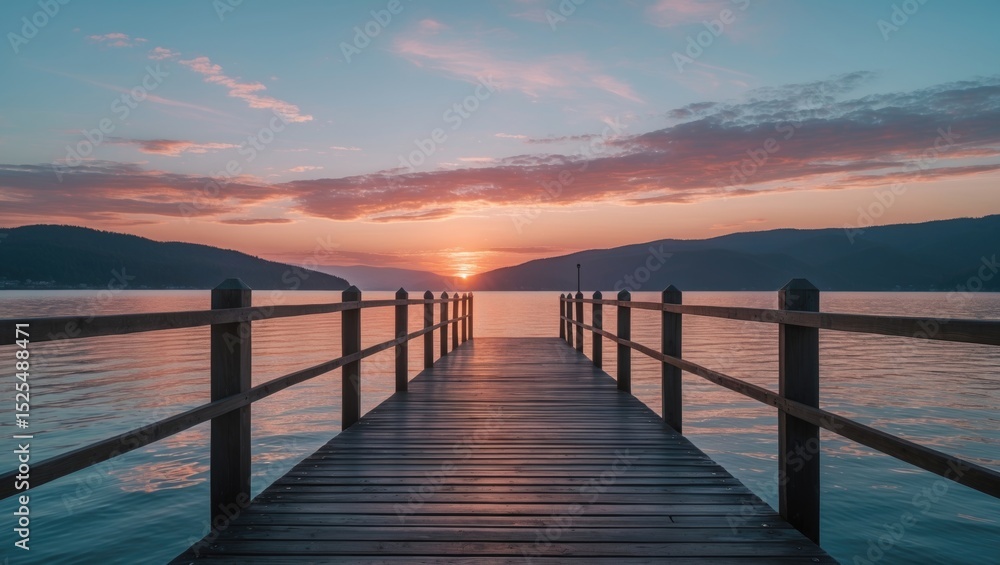 Obraz premium Sunset over calm water with a wooden pier extending into the distance, mountains in the background, and a colorful sky.