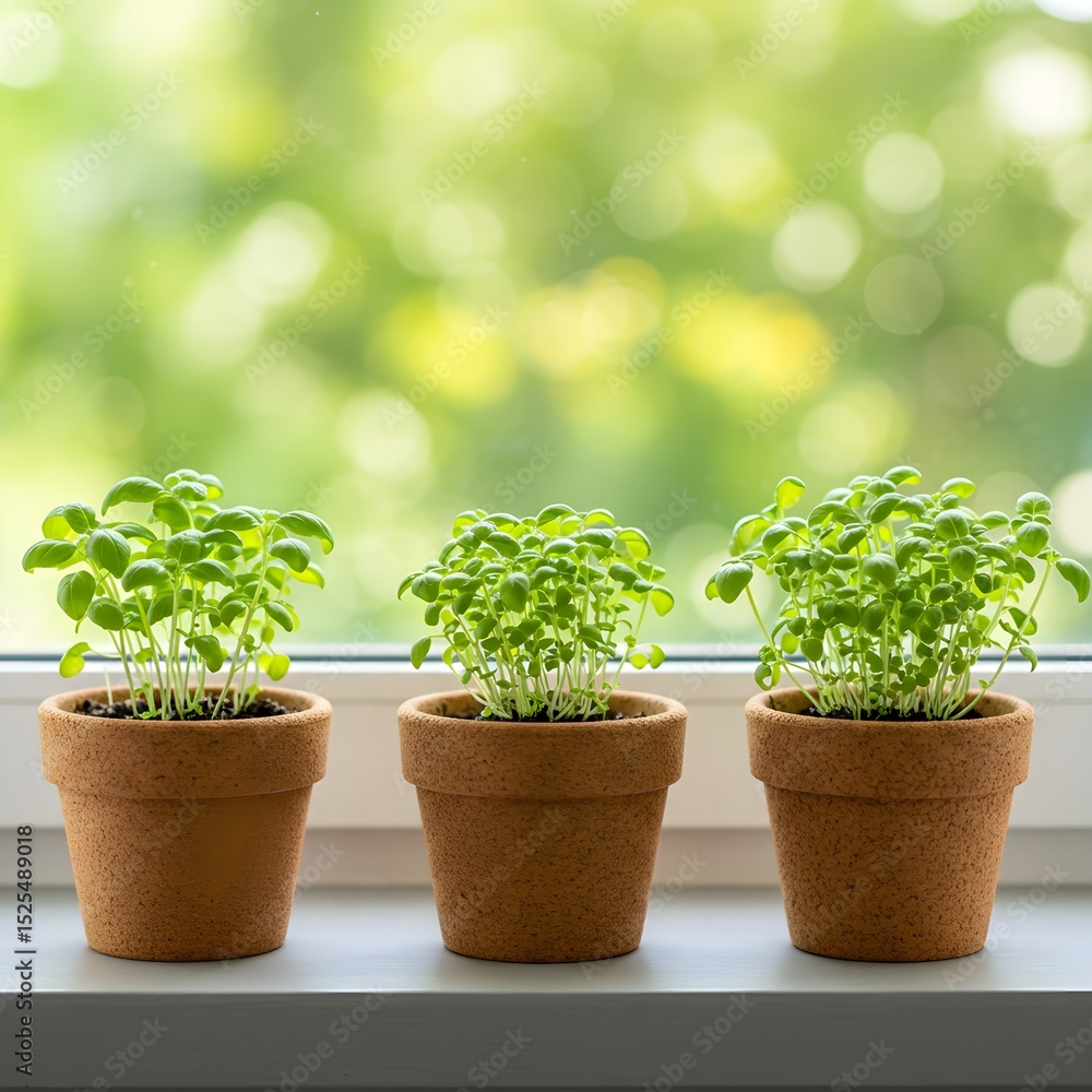 Fototapeta premium Three basil seedlings in terracotta pots on windowsill