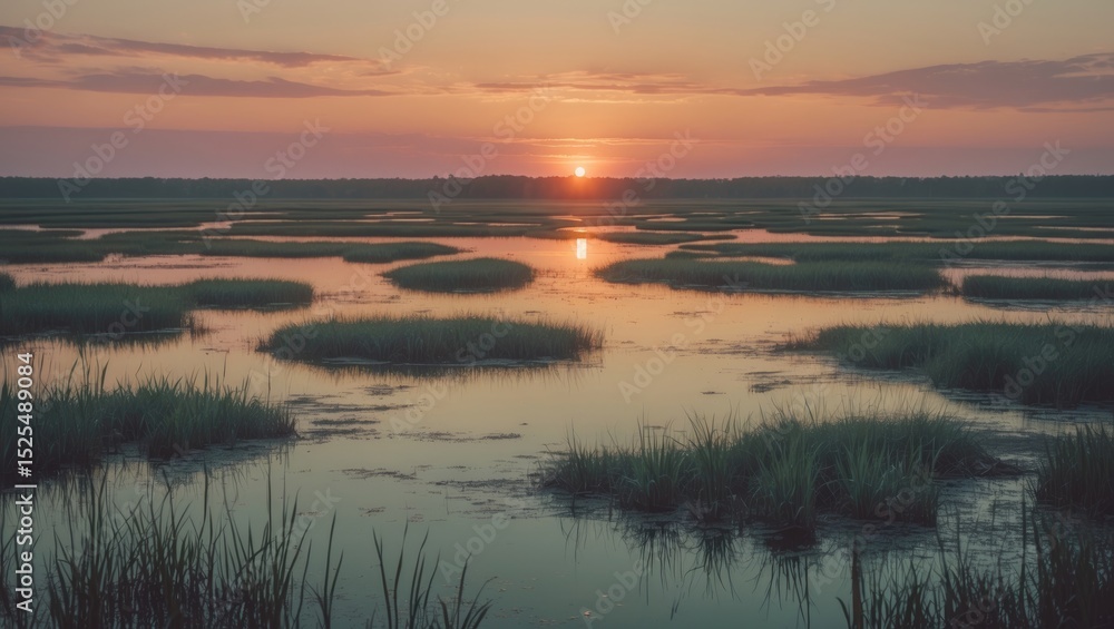 Fototapeta premium Sunset over marshland with water channels and grassy patches at dusk. Natural landscape scene. The tranquil environment and reflections on water.
