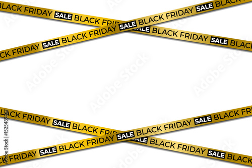 Warning stripes flash for high-impact sale alert. Gold yellow ribbons mark urgent Black Friday deal. Taped design draws attention to discount area. Web banner glows with sharp horizontal accents.