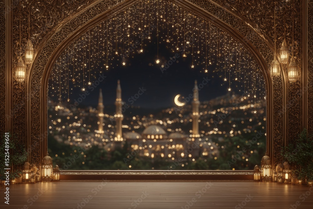 Obraz premium Eid al Adha Festive Background Islamic Lanterns Mosque Night Cityscape