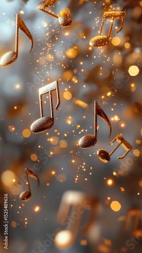 Golden musical notes float in a shimmering, bokeh-filled background, evoking a sense of celebration and joy