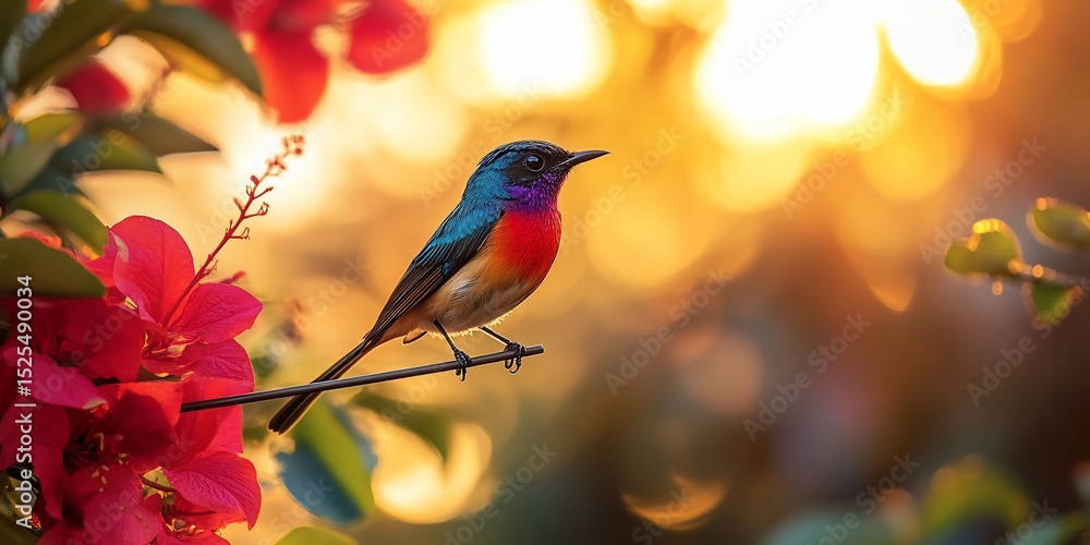 A stunning Superb Sunbird perched amidst vibrant red flowers and golden sunlight A stunning Superb Sunbird perched amidst vibrant red flowers and golden sunlight