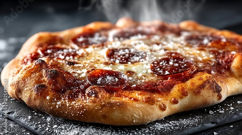 Delicious Pepperoni Pizza with Melting Cheese and Steaming Hot Crust on a Dark Plate, a Culinary Delight.