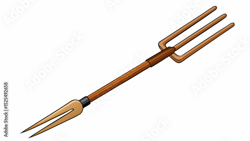 A traditional four-tine pitchfork with polished steel head and hardwood handle. Positioned vertically on clean white, symbolizing old-world farming and manual labor in vector form.

