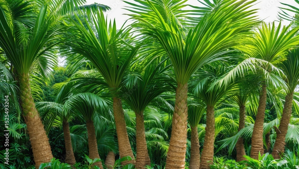 Fototapeta premium A dense cluster of palm trees with lush green fronds and textured trunks, creating a tropical forest scene.