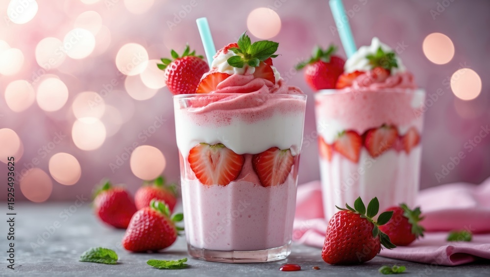 Strawberry milkshake with strawberries and whipped cream, with a blurred bokeh background. Refreshing dessert and beverage. Summer treat and strawberry flavor. Strawberry milkshake with strawberries and whipped cream, with a blurred bokeh background. Refreshing dessert and beverage. Summer treat and strawberry flavor.