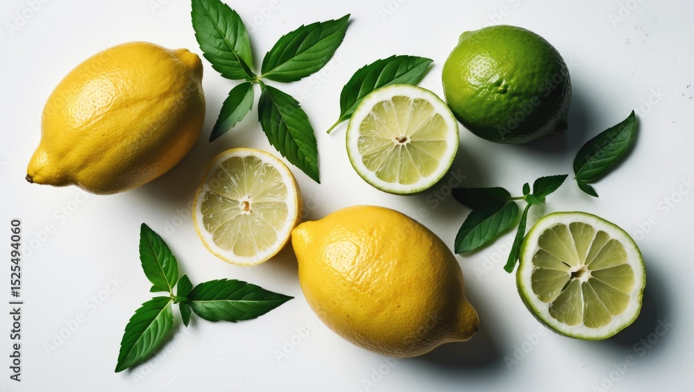 Fresh lemon and lime with green leaves on a white background. Fresh lemon and lime with green leaves on a white background.
