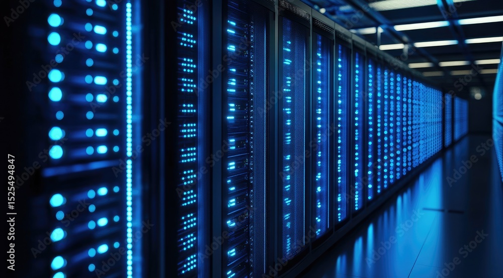 Obraz premium Row of illuminated server racks in a modern data center with blue LED lights and reflective flooring, representing advanced cloud network infrastructure and technology