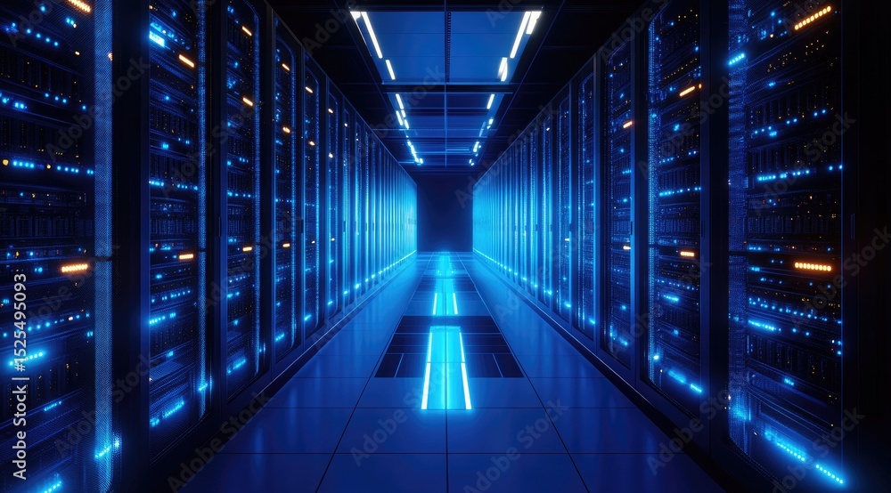 Fototapeta premium Illuminated futuristic data center corridor with glowing blue server racks and floor lighting, showcasing high-tech digital infrastructure and advanced network systems
