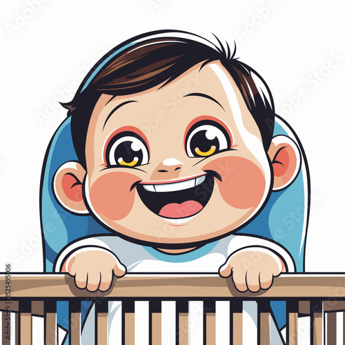 Cartoon baby smiling over crib rail on white background