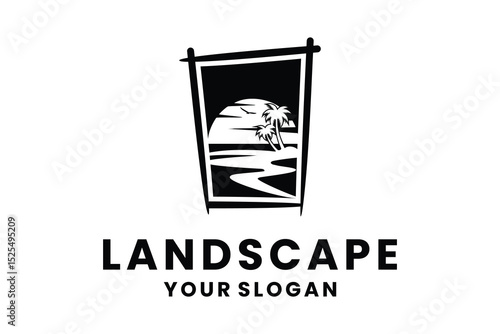 Landscape of the Beach with Coconut Trees and Birds at Sunset Logo Design Template
