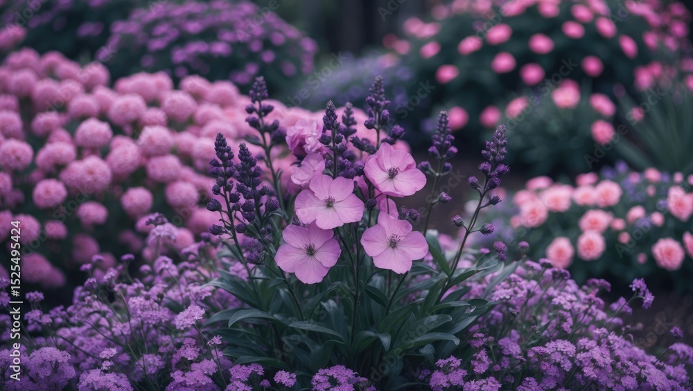 Vivid purple and pink flowers blooming in beautifully arranged garden, showcasing vibrant garden plants and floral display. Vivid purple and pink flowers blooming in beautifully arranged garden, showcasing vibrant garden plants and floral display.