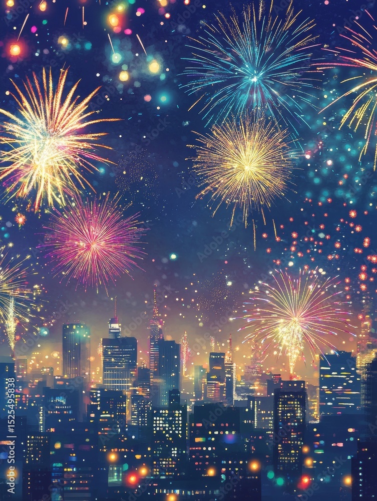 A city skyline with fireworks in the background. The fireworks are bright and colorful, creating a festive and lively atmosphere. The city is lit up at night, adding to the overall sense of excitement A city skyline with fireworks in the background. The fireworks are bright and colorful, creating a festive and lively atmosphere. The city is lit up at night, adding to the overall sense of excitement