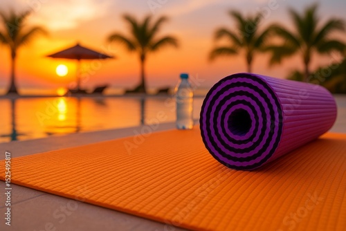 Purple Yoga Mat Rolled Up by Pool Sunset Tropical Vacation Fitness Exercise Relaxation Wellness Healthy Lifestyle Summer Beach Orange Mat Tropical Paradise Peaceful Scene Tranquil Moment Serene       