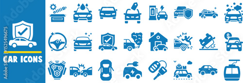 Comprehensive collection of blue car icons and symbols
