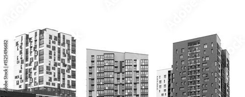 Set of tall condo buildings with concrete facade and multiple windows. Modern urban architecture