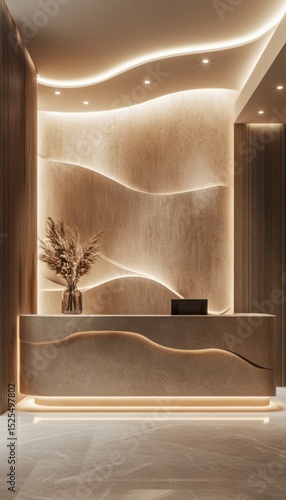 Modern reception desk with wave-patterned wall, illuminated by warm LED strip lighting, and featuring pampas grass in a vase.  The floor is light-colored marble or tile