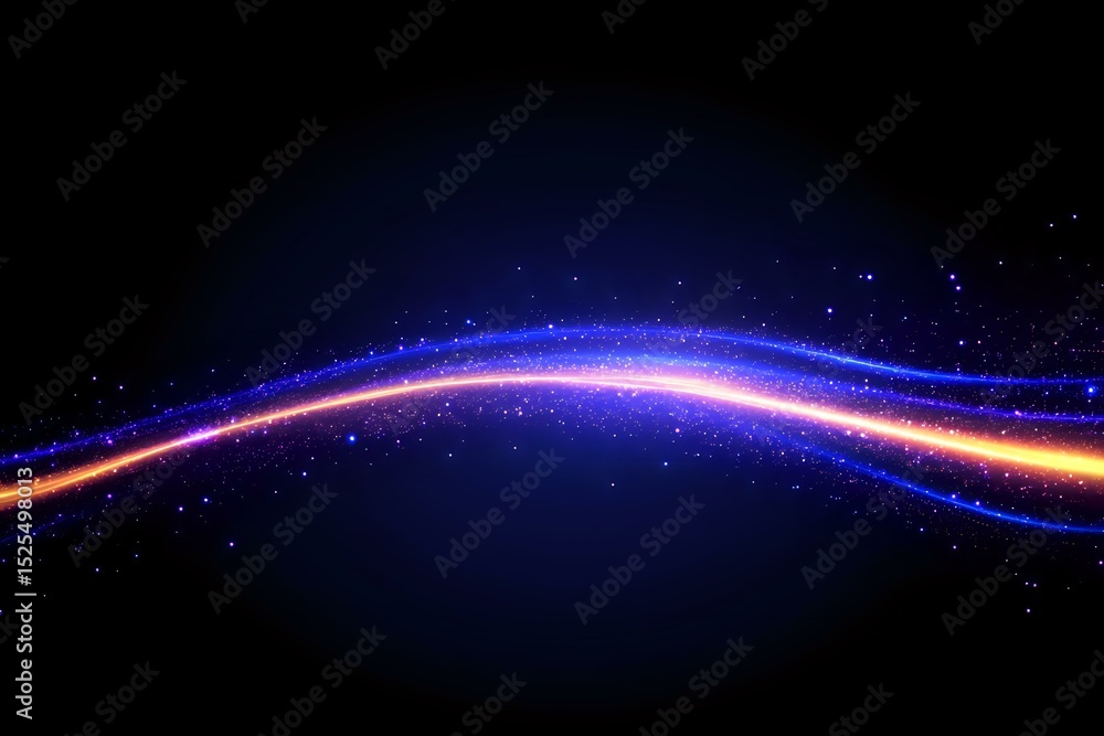 Obraz premium Glowing curved light trail with orange and blue neon streaks against dark background, surrounded by sparkling particles and cosmic dust effect.