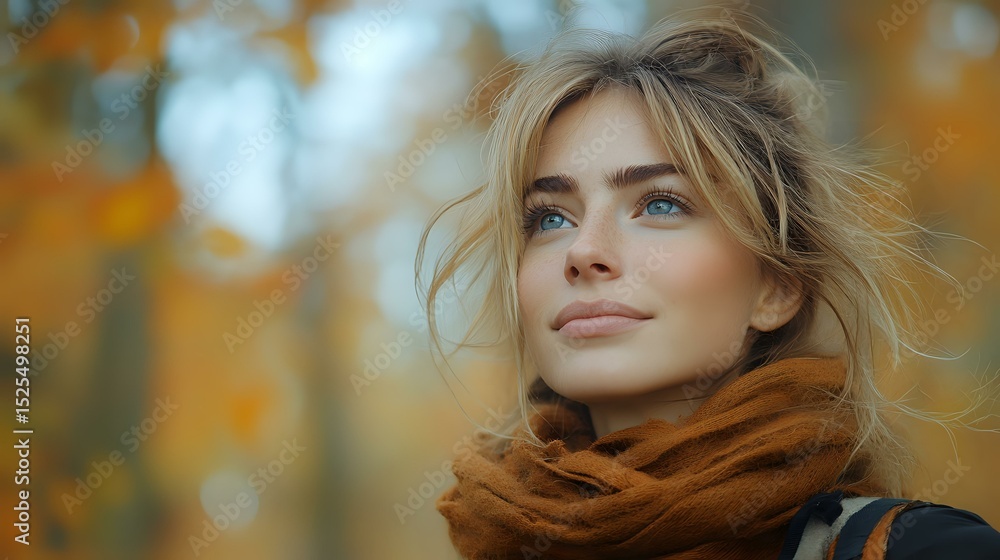 Obraz premium Young woman with blonde hair wearing cozy brown scarf smiling outdoors in autumn park with golden bokeh background and fall foliage.
