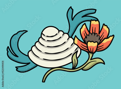 Pawleys Island Shell with Flowers – Venus Clamshell Coastal Illustration