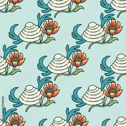 Seamless Pattern with Pawleys Island Shell and Coastal Flowers – Venus Clamshell Folk Art
