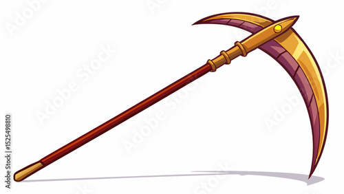 Long-handled scythe with curved blade, symbol of traditional hay harvesting. Highlighted diagonally with clean shadows on a white background. Great for vintage farming design concepts.


