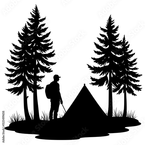 Silhouette of backpacker setting up tent in forest, eco-friendly camping adventure