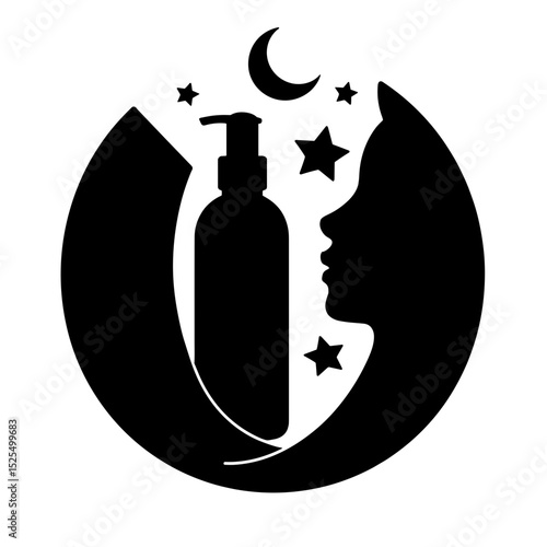 Silhouette skincare bottle with moon and stars, night formula concept