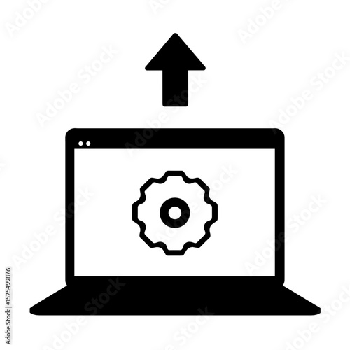 Laptop silhouette with gear and upload arrow, project delivery and app launch