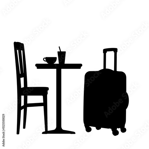 Silhouette of suitcase beside table and chair on white background, travel light concept