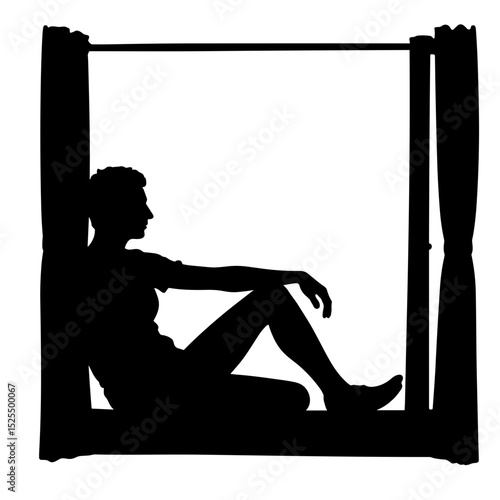 Silhouette of traveler relaxing on window ledge, peaceful end-of-day reflection