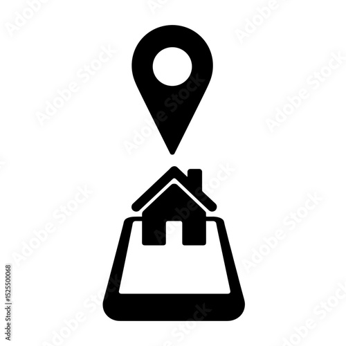 Map pin evolving into house icon over smartphone, digital housing location choice
