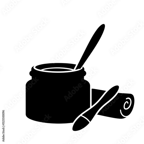 Silhouette of face mask jar with brush and towel, home spa self-care