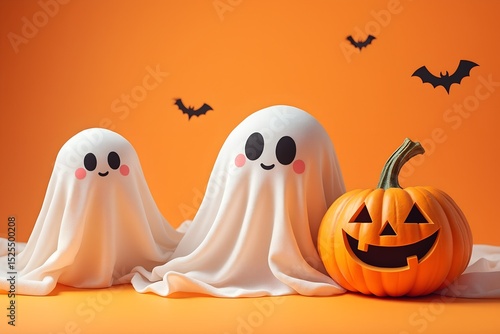 Two friendly ghosts and a smiling jackolantern share a spooky halloween scene