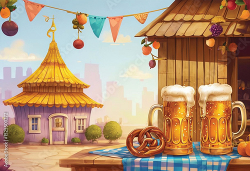 Colorful beer mugs with pretzel near festive wooden stall  