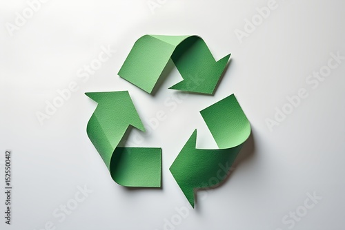 A vibrant green recycle symbol, crafted from paper, isolated on white background