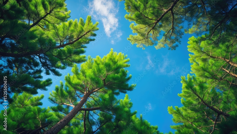 Obraz premium View of the sky through green pine trees on a bright, sunny day.