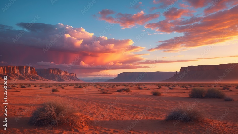 Fototapeta premium Desert landscape at sunset with cliffs and clouds, featuring a vast sandy terrain with sparse vegetation.