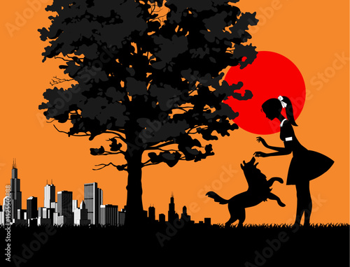 Black silhouettes of summer landscape with tree, girl in short skirt playing with dog and modern city skyline isolated on orange background. Vector 
illustration 