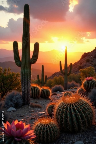 Golden hour light bathes saguaro cacti and desert flora , clouds, vibrant colors