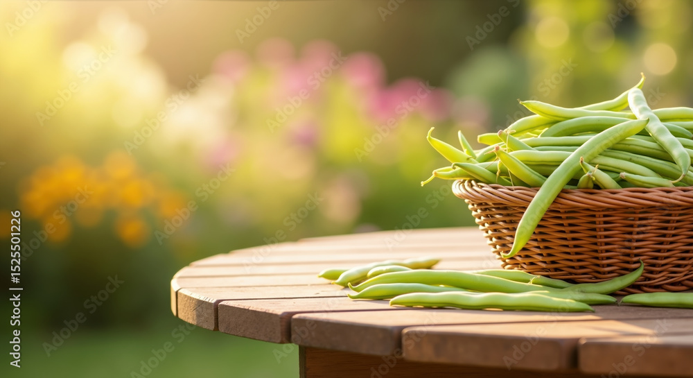 Obraz premium Fresh green beans in wicker basket on wooden table outdoors with garden background. Organic vegetable harvest and healthy cooking for farm market sales and nutrition services